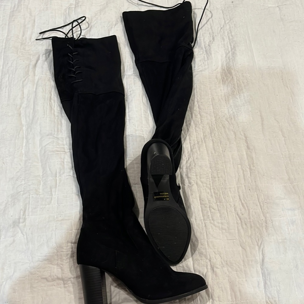 These boots were made for buyin. Qupid Black Suede Over the Knee with ties!
